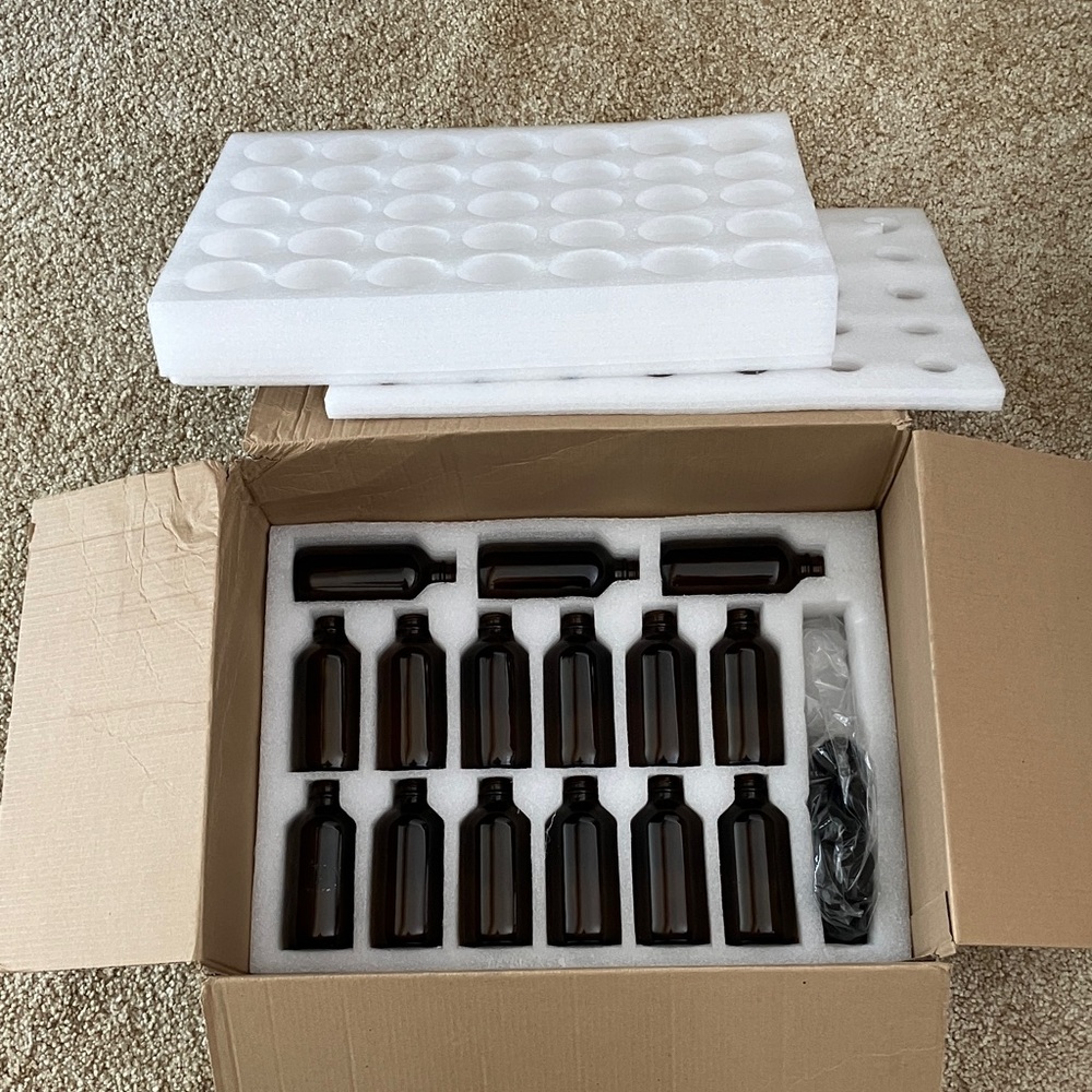 Set of 15 Brown Glass Bottles with 18 tops